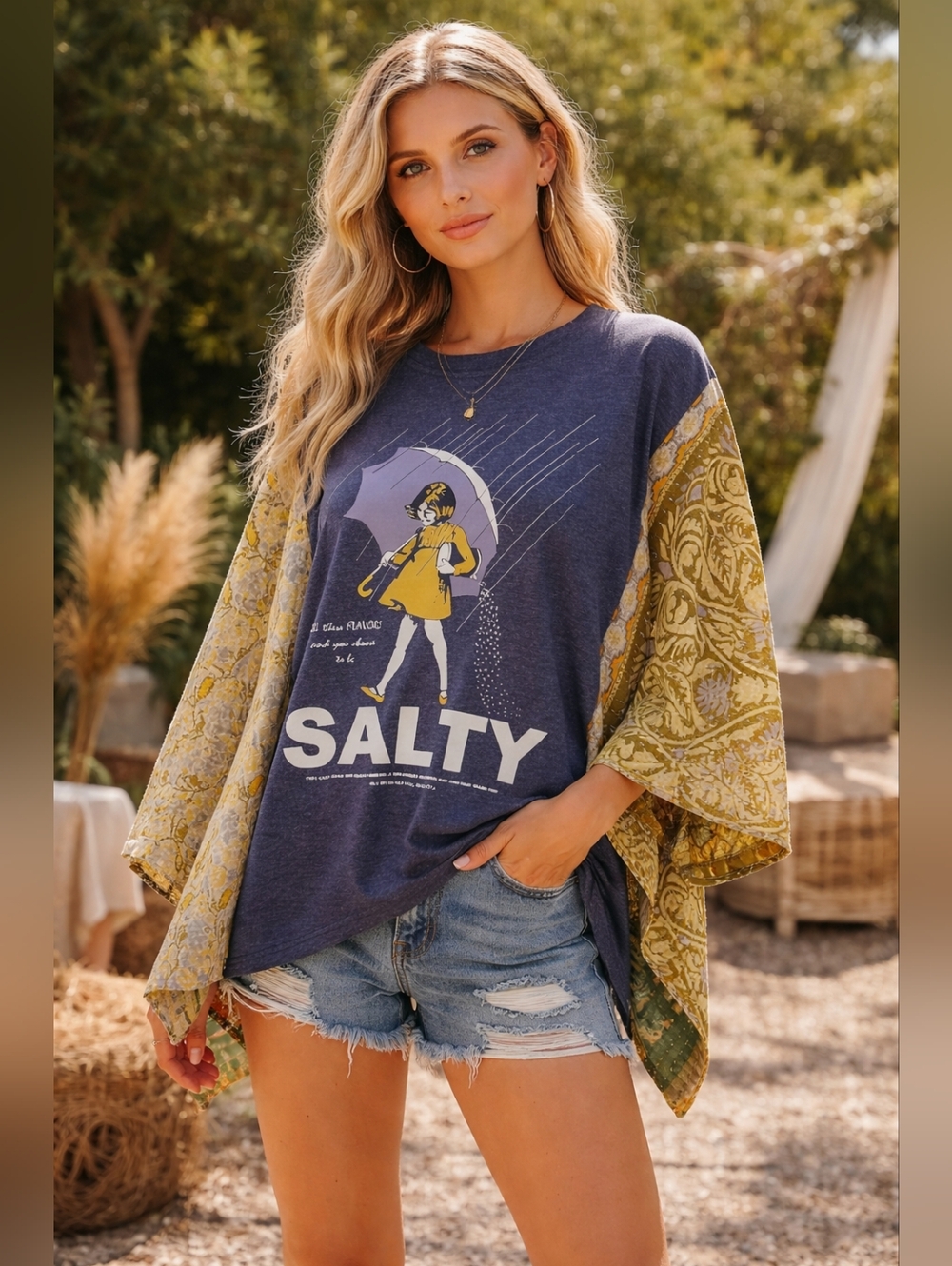Upcycled Salty Tee With Kantha Sleeves, OS